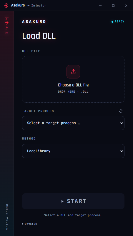 Actual Asakuro Injector desktop interface with DLL file selection, target process, loading method and Start button